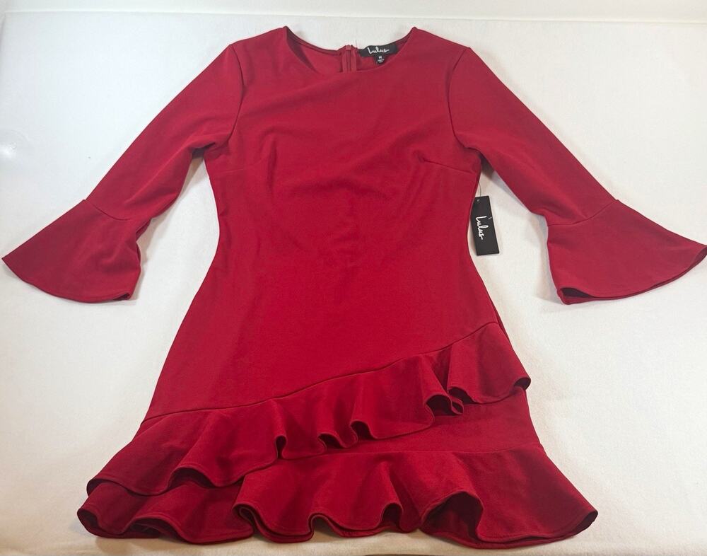Lulus Red Ruffle Dress Women’s M NWT Bell Sleeve Asymmetrical Hem Made USA